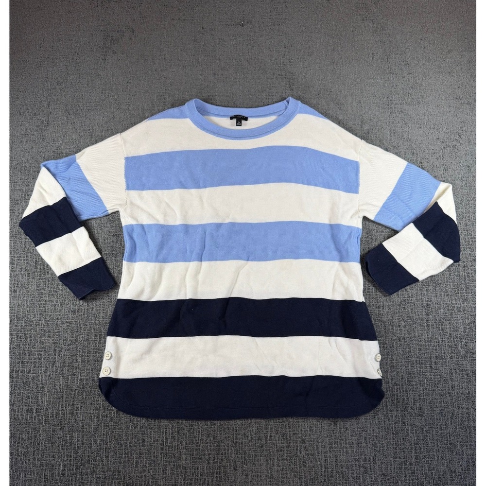 Talbots Petite Striped Crewneck Sweater Blue Navy White Button Side Large P